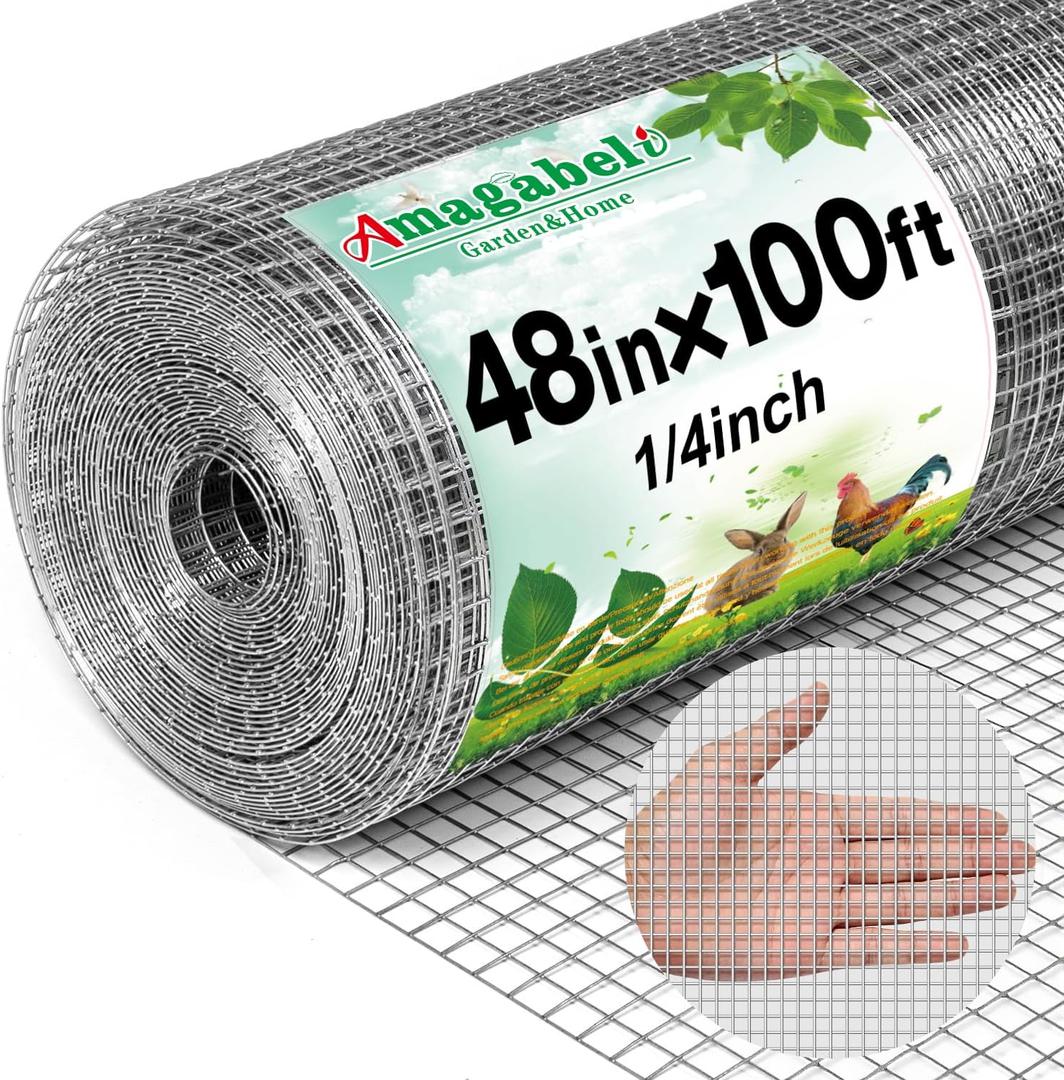 Amagabeli Galvanized Hardware Cloth 1/4 Inch 48in x 100ft 23gauge Chicken Wire Fence Weld Wire Mesh Roll Garden Fencing Plant Supports Poultry Netting Snake Fence Gopher Wire Rabbit cage Tree Guard