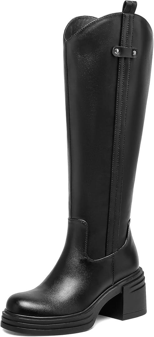 Knee High Boots for Women Round Toe Chunky Heel Tall Boots Back Zipper, Size 8.5