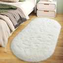 Soft Fluffy Rugs for Bedroom, Cream White Fuzzy Shaggy Oval Bedside Area Rug Set of 2, Non-Slip Cozy Plush Shag Carpet for Kids Room Nursery Dorm Living Room, 2.6 x 5.3 Feet