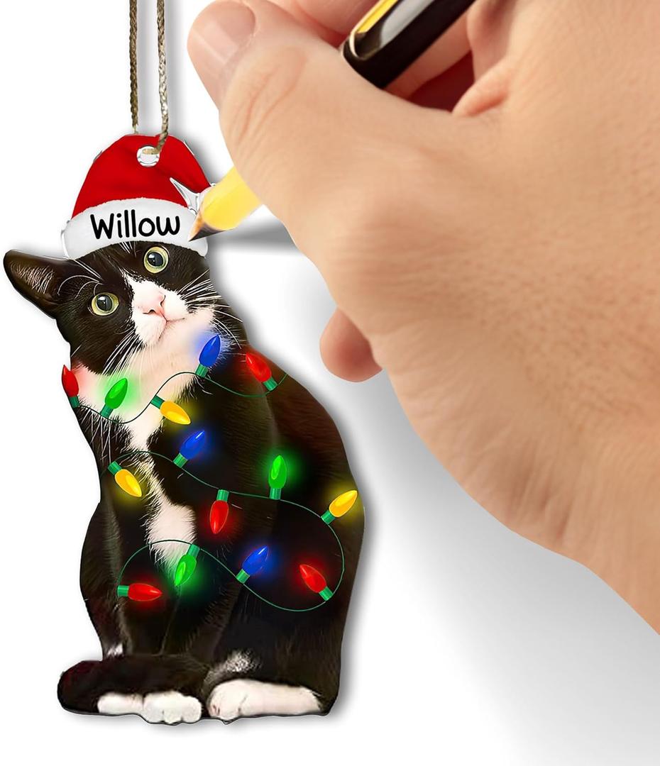 2 x Tuxedo Cat Christmas Acrylic Ornament  Black and White Cat Ornament, Customizable with Name - Easily Add Name with Marker (Marker Not Included)