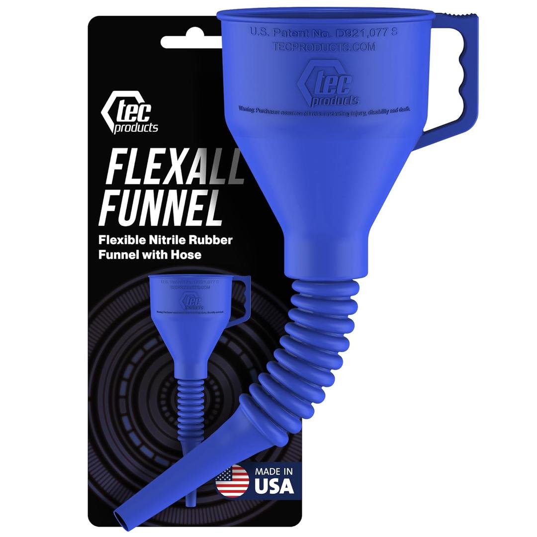 FlexAll Funnel - Long Flexible Funnel with Hose for Automotive Use - Durable Nitrile Rubber - Ideal for Car Oil Change, Transmission Fluid, Diesel, Fuel, Gas & More - Made in USA (Large, Blue)