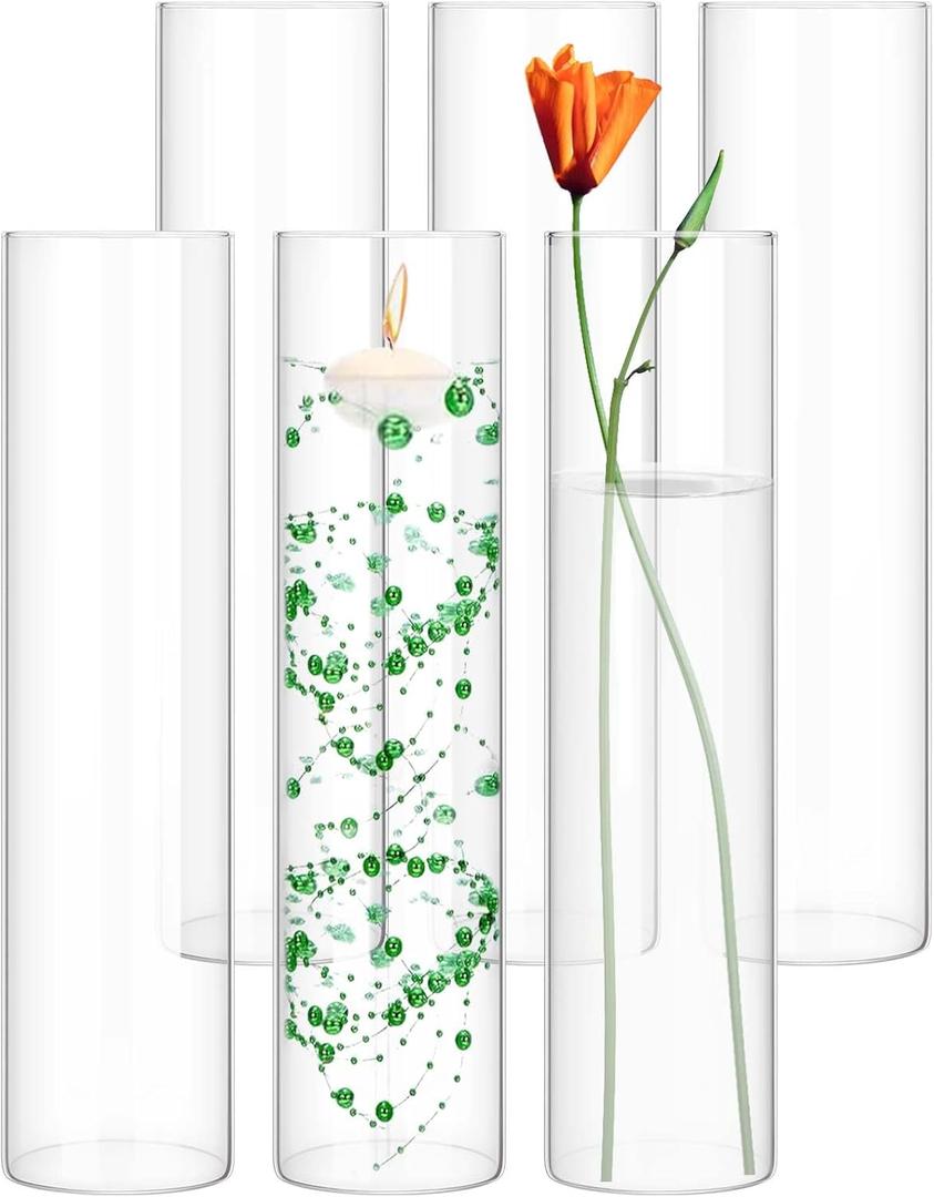 6 Pack Glass Cylinder Vases 14 Inch Tall Clear Flower Vase for Centerpieces, Hurricane Floating Candle Holder Wedding Decorations, Floral Vase Bulk for Table Shelf Party Home Deco (14 x 3.35 Inch)