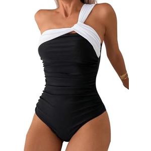Sexybody Women' s One Piece Swimsuits One Shoulder Bathing Suits Ruched Tummy Control Bandeau Swimsuit Color Block XL