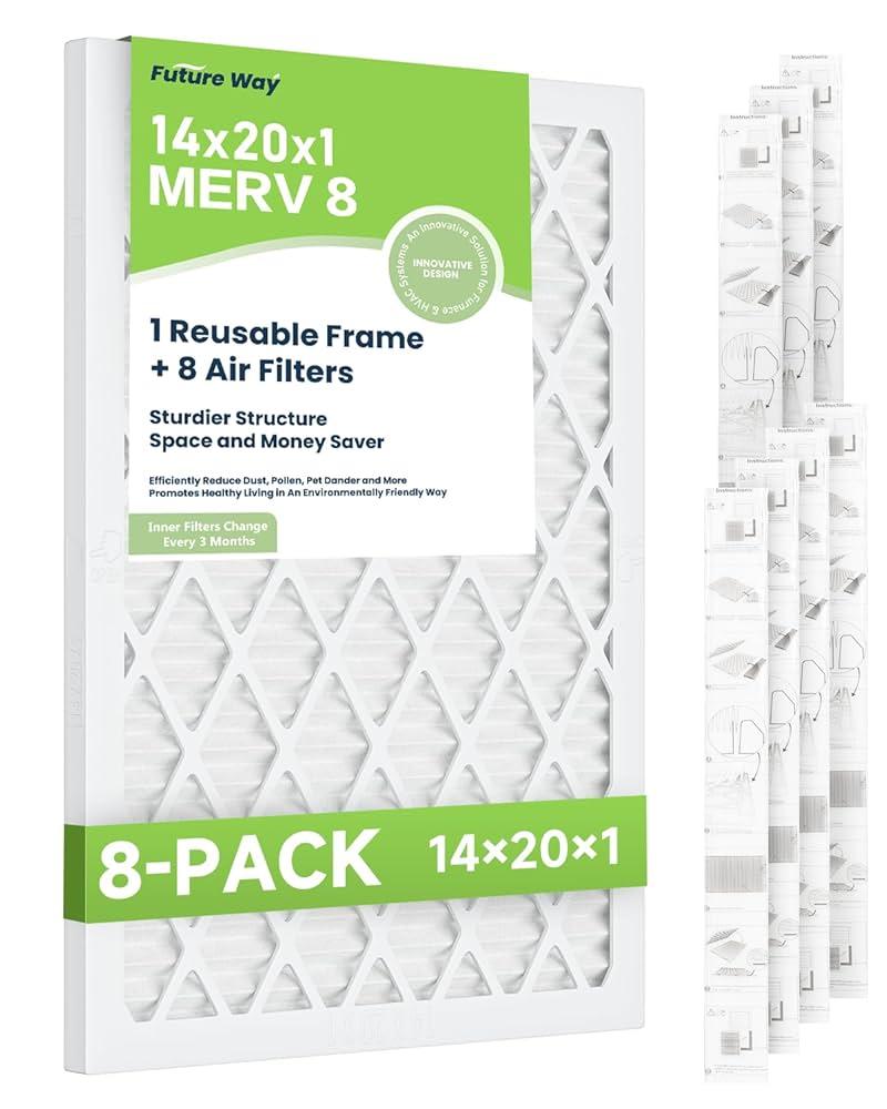 Future Way 14x20x1 Air Filters, 8-Pack with Reusable Frame, MERV 8, MPR 700 AC Furnace Filters, Space Saving & Cost-effective