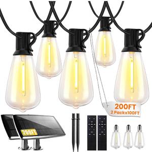 200FT Solar String Lights Outdoor Waterproof, Solar Patio Lights with Remote Control & 60+2 Dimmable ST38 Edison Bulbs Shatterproof,Solar Powered String Lights for Outside Garden Backyard