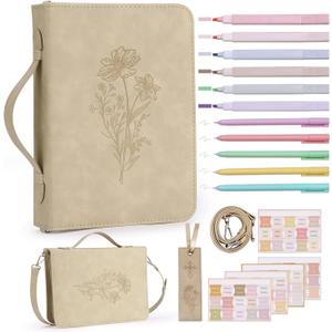 19PCS Floral Bible Cover for Women PU Leather Bible Cases Bible Journaling Kit for Girls Bible Bag with Shoulder Strap &Book Marker 10.47 * 7.48 * 2.17in Highlighter Pens Christian Gift Khaki