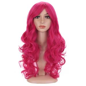 BERON Hot Pink Wig Long Wavy Rose Pink Wig with Bangs for Women Rose Red Wigs Synthetic Wigs with Cap