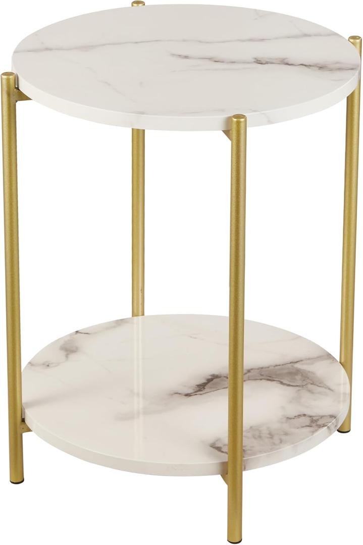 2 Tier Round Side Table, Folding End Tables Coffee Table Simplistic Sofa Table Waterproof Removable Tray Table Indoor Outdoor Accent Table for Living Room Bedroom (Faux Marble White, 1pcs)