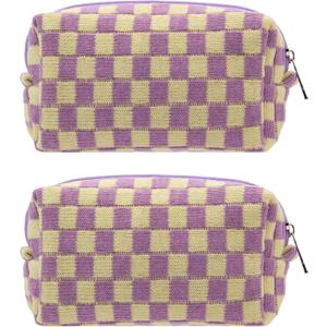 PAZIMIIK Checkered Makeup Bag for Purse Portable Zipper Make Up Pouch Small Cosmetic Case for Travel Accessories (2PCS Purple)