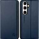 SHIELDON Case Wallet for Galaxy S25 5G 6.2", Genuine Leather Flip Case Kickstand RFID Blocking Credit Card Holder Magnetic Closure Shockproof Cover Compatible with Galaxy S25 2025 - Navy Blue