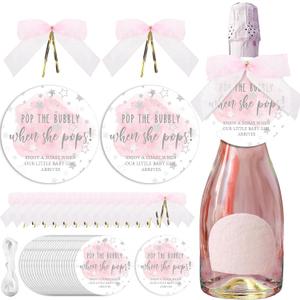 MotiMind 50 Set Pop Bottle Tags, Champagne Baby Shower Favor Labels When Pops Tags with Bows and Ribbon for Party Guest Gifts(Pink)