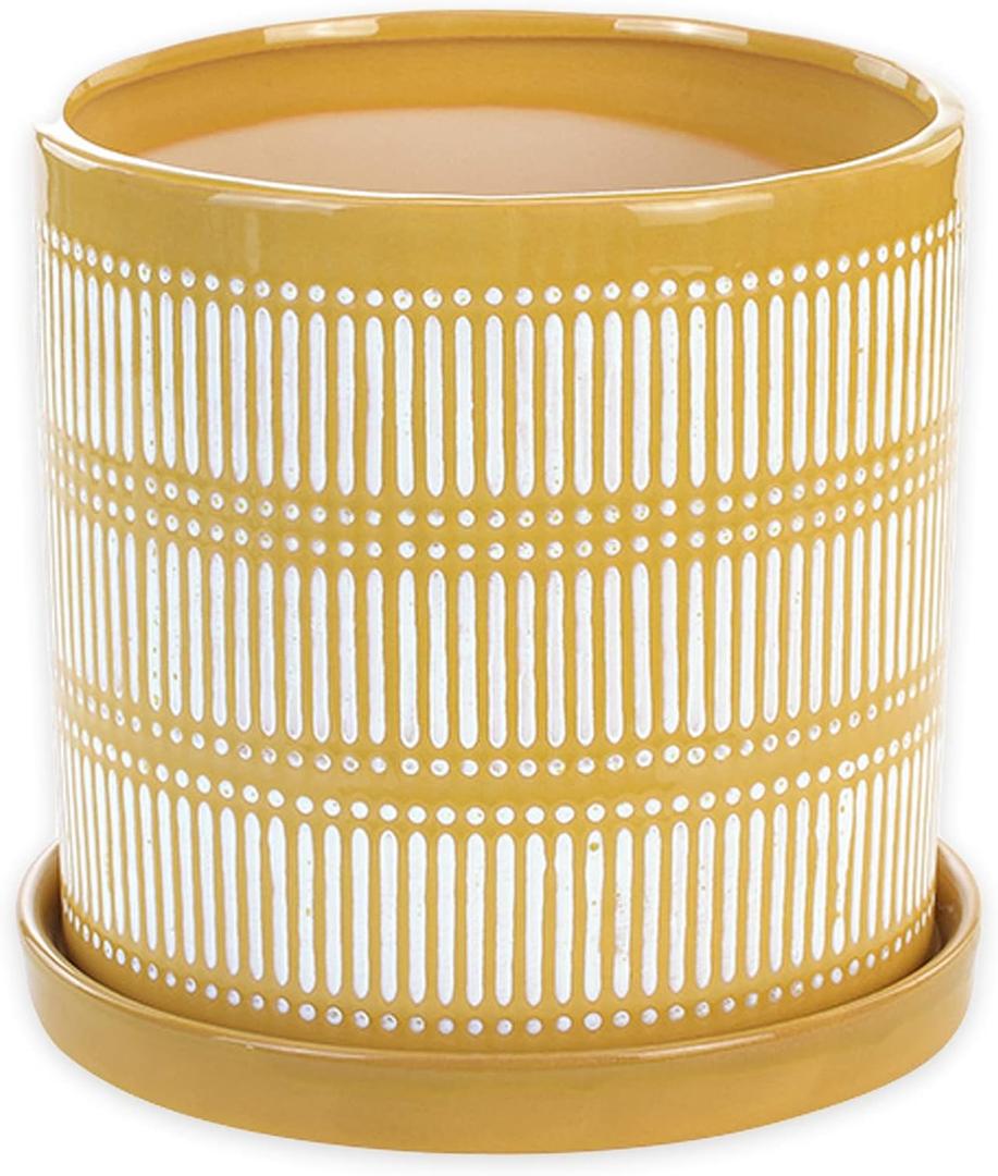 Napco 13073 Linear Yellow and White 6.25 x 6.25 Ceramic Standing Container Garden Planter Pot with Saucer
