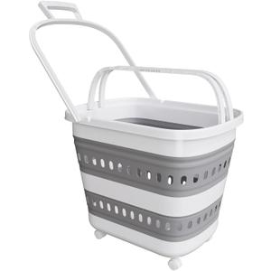 Folding Laundry Basket with Wheels Handle Collapsible Plastic Hamper 38L Portable Rubber Clothes Multi Use Grocery Shopping Cart Pop Up Storage Container Organizer with Hanging Space Saving White Grey, 24" x 16" x 5"