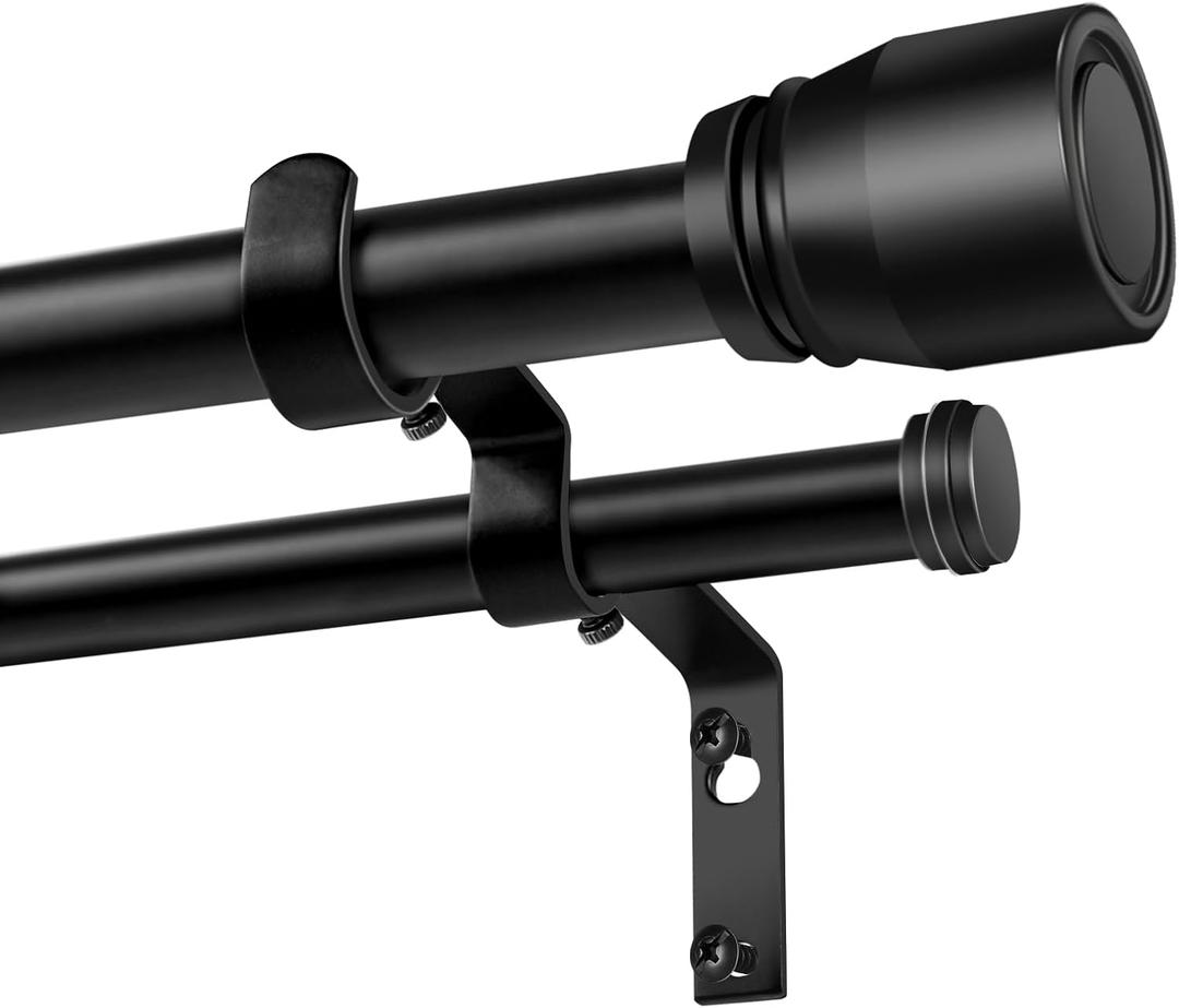 Heavy Duty Double Curtain Rod 32-60 Inch Length, 1 Inch Adjustable Matte Black Double Curtain Rod with Brackets, Long Double Curtain Rod for Windows Sliding Door (Black, 32-60", 1 PCS)