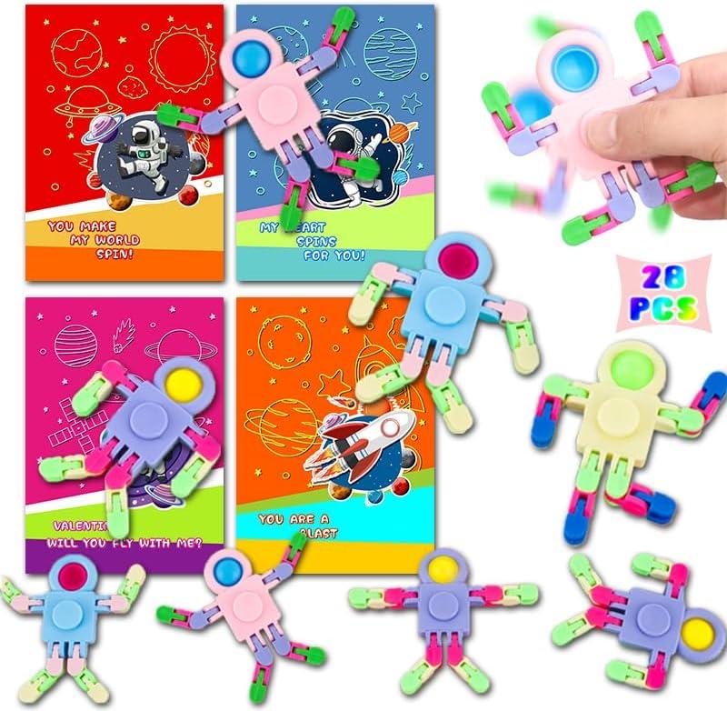 28 Pack Valentines Day Gifts for Kids Astronaut Finger Spinners Toys with Valentines Cards for Boys Girls, School Class Classroom Gifts Prizes Exchange Party Favors