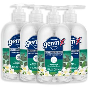 Germ-X Antibacterial Hand Soap, 12 Oz (Pack 4), Moisturizing Liquid Hand Wash for Kitchen or Bathroom, pH Balanced & Dermatologist Tested, White Tea & Eucalyptus Scent, Pump Bottle, BBD: 03/27/2027