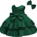 Pideno Toddler Girl Bowknot Backless Tutu Gown Ruffle Lace Tulle Pageant Dress Baby Party Dresses with Headwear Dark Green, Size: 12-18 Months