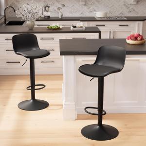 Kidol & Shellder Black Bar Stools Set of 2 Adjustable Counter Height Barstools Modern PU Leather Swivel Tall Bar Chairs Upholstered Bar Stool with Back for Kitchen Island