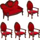 5 Pcs 1:12 Miniature Dollhouse Furniture, Include Vintage Red Wooden Carved Sofa Couch 4 Pcs Wooden Carved Single Sofa Chairs Retro Red Armchairs for Living Room Bedroom Kitchen Birthday Decoration