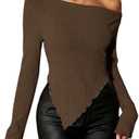 Milumia Women's Sexy Ribbed Knit Asymmetrical Hem Long Sleeve Shirts Top One Off The Shoulder Crop Top, M