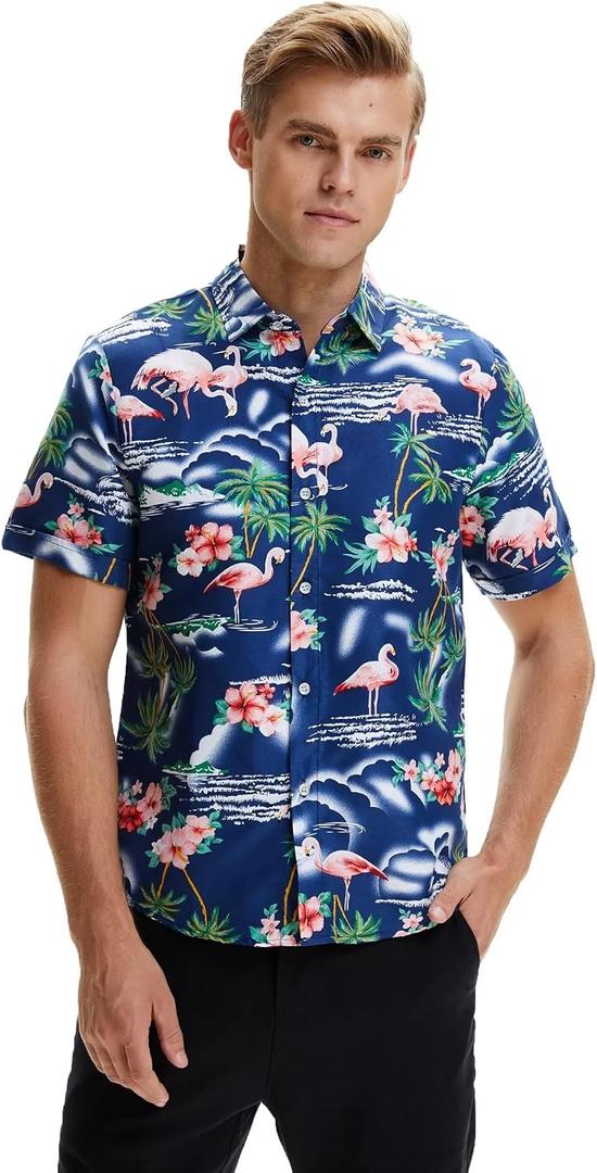 SSLR Pack Hawaiian Shirt for Men Flamingo Short Sleeve Casual Button Down Shirts Summer Beach Shirt (Blue, XXL)