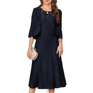 GRACE KARIN Mother of The Bride Dress - Wedding Guest Formal Evening Dress - Lace Sequins Midi Dress with Jacket (Medium, Navy Blue)