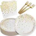 White and Gold Paper Plates Napkins Party Supplies,Disposable Gold Dot Paper Dessert Plates,105 PCS Birthday Plates and Napkins Party Supplies for Wedding(Serves 35 Guests 7")