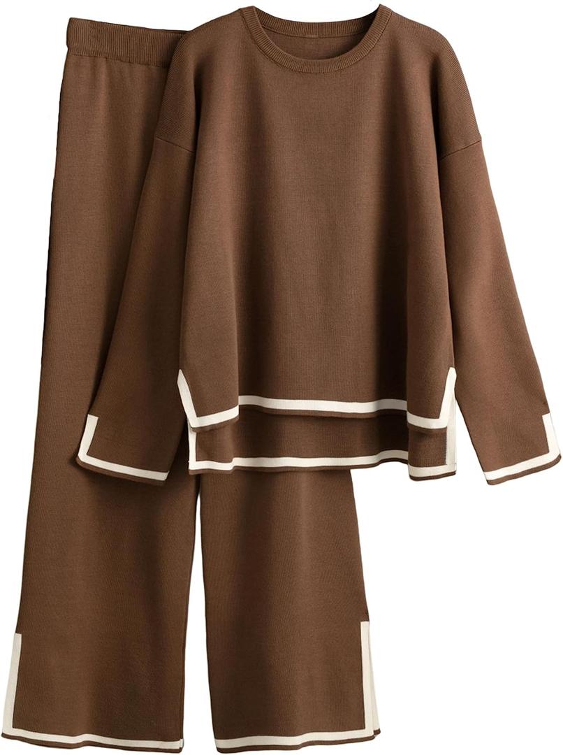 Tanming Women's 2 Piece Outfits Long Sleeve Knit Sweater Top Wide Leg Pants Lounge Sets Tracksuits (Medium, Brown)