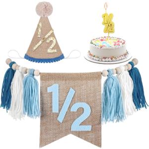 1/2 Birthday Supplies Includes Half Birthday High Chair Banner and Hat Gold Candle Cake Topper 6 Months Tassel Wood Bead Highchair Garland(Blue)