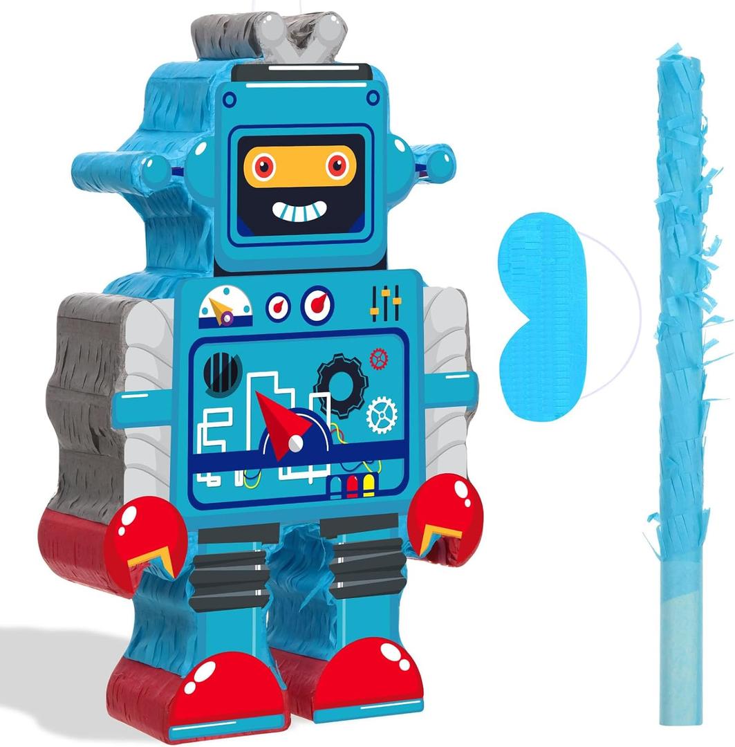 Robot Piata with Red Blue Stick Tassel Eye Mask Double Tassel Piata Set for Birthday Party Robot Theme Party Decoration, 16.1 x 10.2 x 3.2 Inch