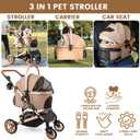 Bicystar Pet Stroller for Medium Dogs, Smooth-Ride Dog Stroller with Detachable Carrier, Rubber Wheels, Car Seat Combo 3-in-1, Up to 50 lbs, for Senior Dogs & Cats, Tan