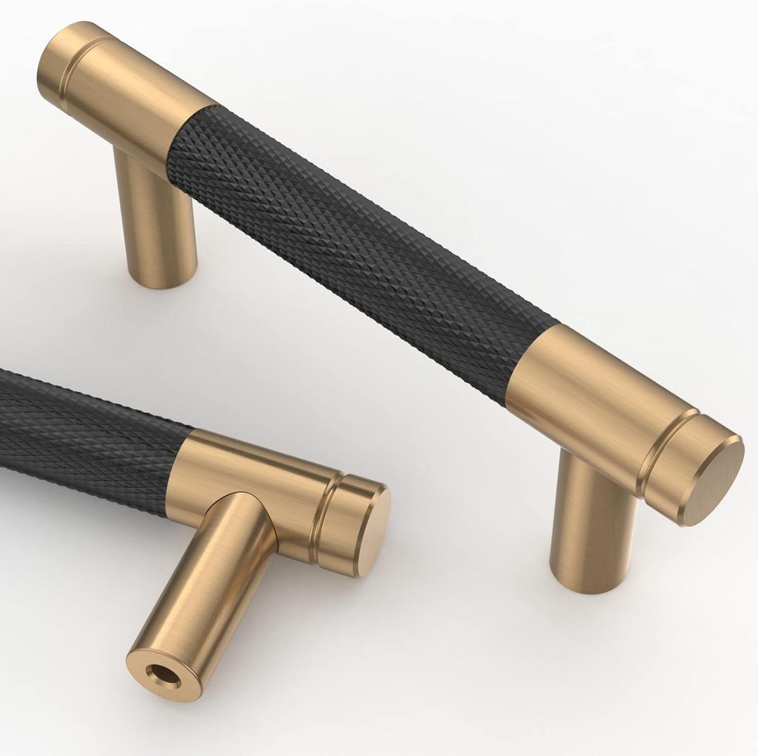 Asidrama 10 Pack 3 Inch(76mm) Matte Black and Champagne Bronze Cabinet Pulls Knurled Cabinet Handles Cupboard Handles Kitchen Cabinet Hardware for Cupboard Drawer Pulls (3" Hole Center)