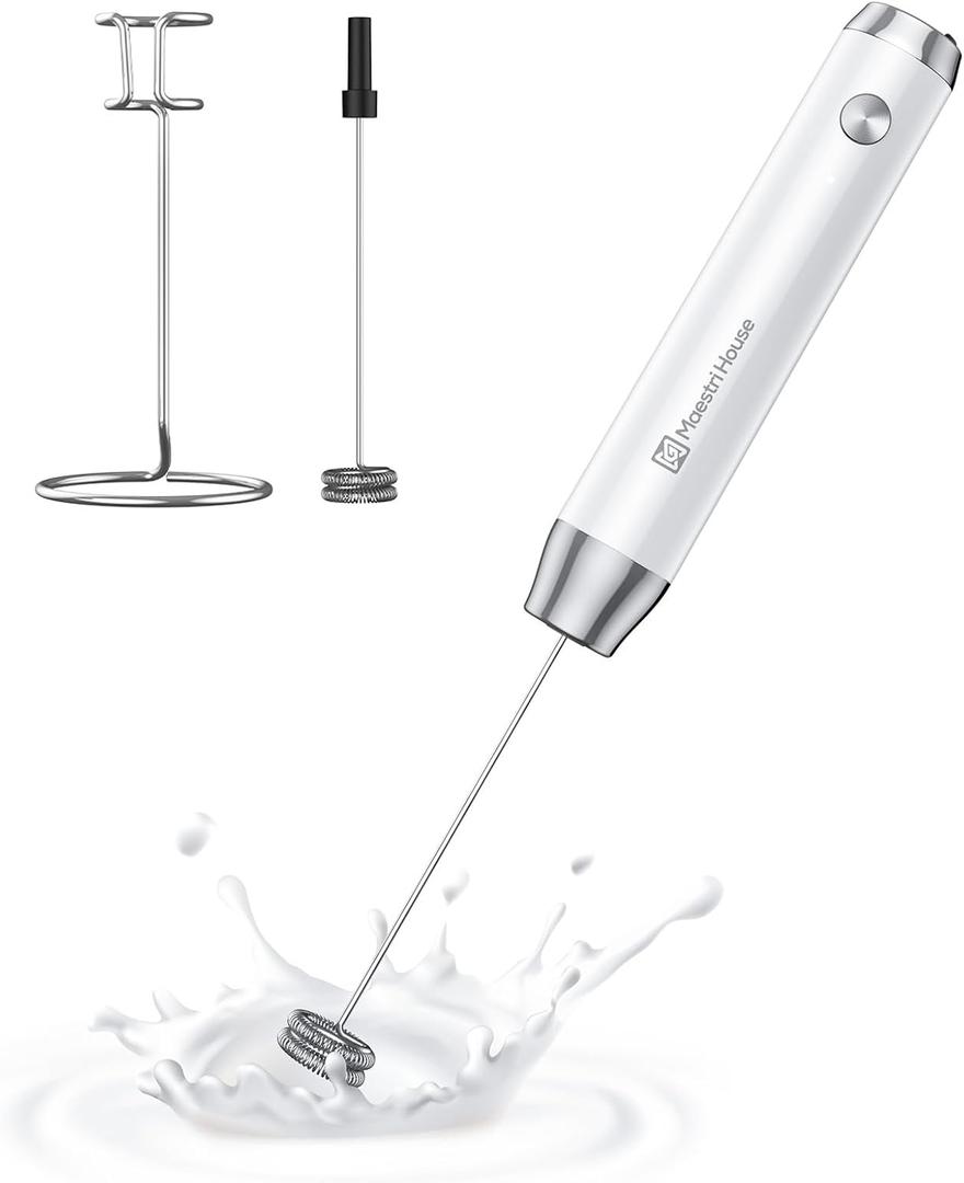 Maestri House Rechargeable Milk Frother with Stand, LunaFro Handheld Electric Foam Maker Waterproof Detachable Stainless Steel Whisk Drink Mixer Foamer for Lattes, Cappuccino (White)