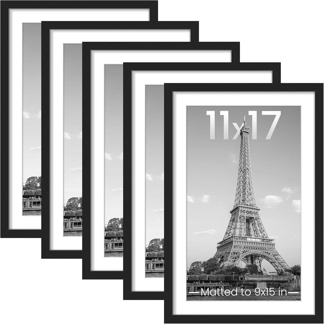 upsimples 11x17 Picture Frame Set of 5, Display Pictures 9x15 with Mat or 11 x 17 Without, Wall Gallery Poster Frames, Black (11x17, Black)