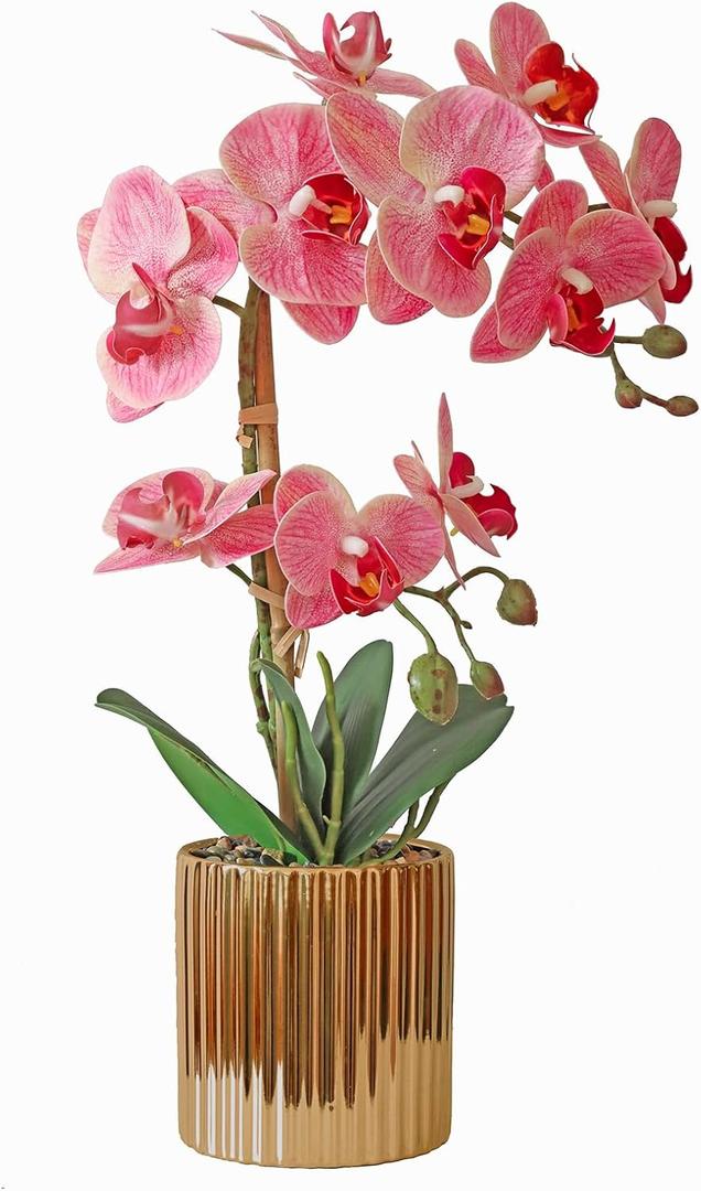Pink Orchid Artificial Flowers Real Touch Indoor Orchid Plants with Gold Ceramic Vase for Dining Table Decor Centerpiece Home Decoration