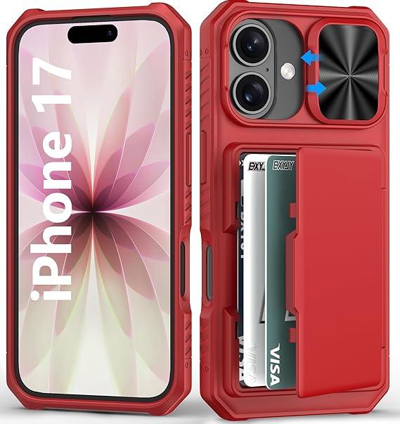 BXYJY Wallet Case for iPhone 17 Pro, Card Holder (45 Cards), Slide Camera Cover, Military Grade Protection, Heavy Duty Women Girly Men Protective Phone Cover for iPhone 17 Pro 6.3" 2025, Red