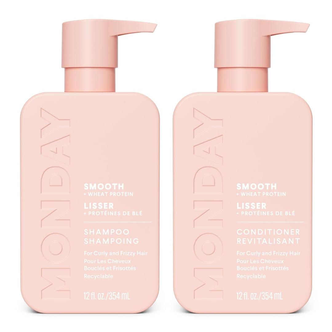MONDAY HAIRCARE Smooth Shampoo + Conditioner Bathroom Set (2 Count) 12 oz Each For Frizzy, Coarse & Curly Hair Made with Coconut Oil, Shea Butter & Vitamin E 100% Recyclable Bottle Pink