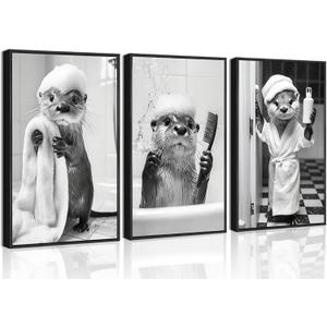 3Pcs Cute Otter Bathroom Wall Art Funny Black And White Animal Canvas Poster Prints Fashion Bathroom Painting for Home and Office Restroom Home Decorations Unframed