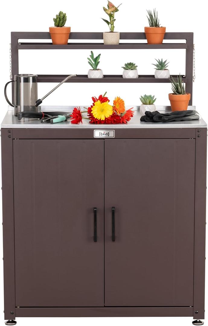 Garden Potting Bench with Storage Cabinet,Outdoor Gardening Table & Work Bench for Plants, Horticulture,Outdoor Workstation with Stainless Steel Tabletop,Outdoor Work Table with Elevated Rack (Large, Brown)