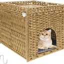 Cat Litter Box Enclosure Furniture Hidden Cabinet - Handwoven Rattan Pet House with 2 Removable Mats - Large Foldable Design for Privacy - Fits Living Room, Bedroom, Balcony Natural (18.5"x19.7"x20.5")