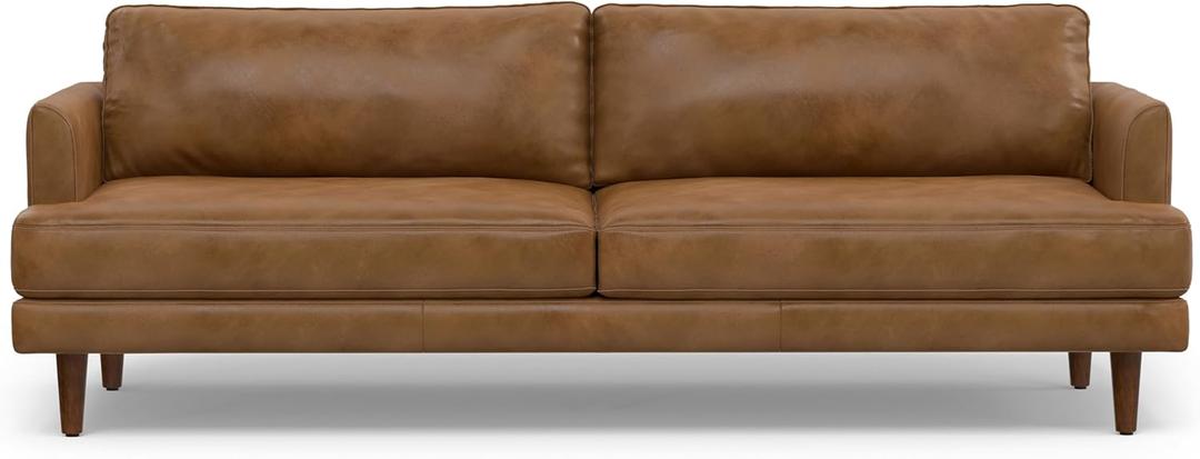 SIMPLIHOME Livingston Sofa - 90 inch Wide Top Grain Genuine Leather Sofa in Caramel Brown, Mid-Century Modern 3-Seater Couch for Living Room with Feather-Wrapped Cushions and Solid Wood Frame