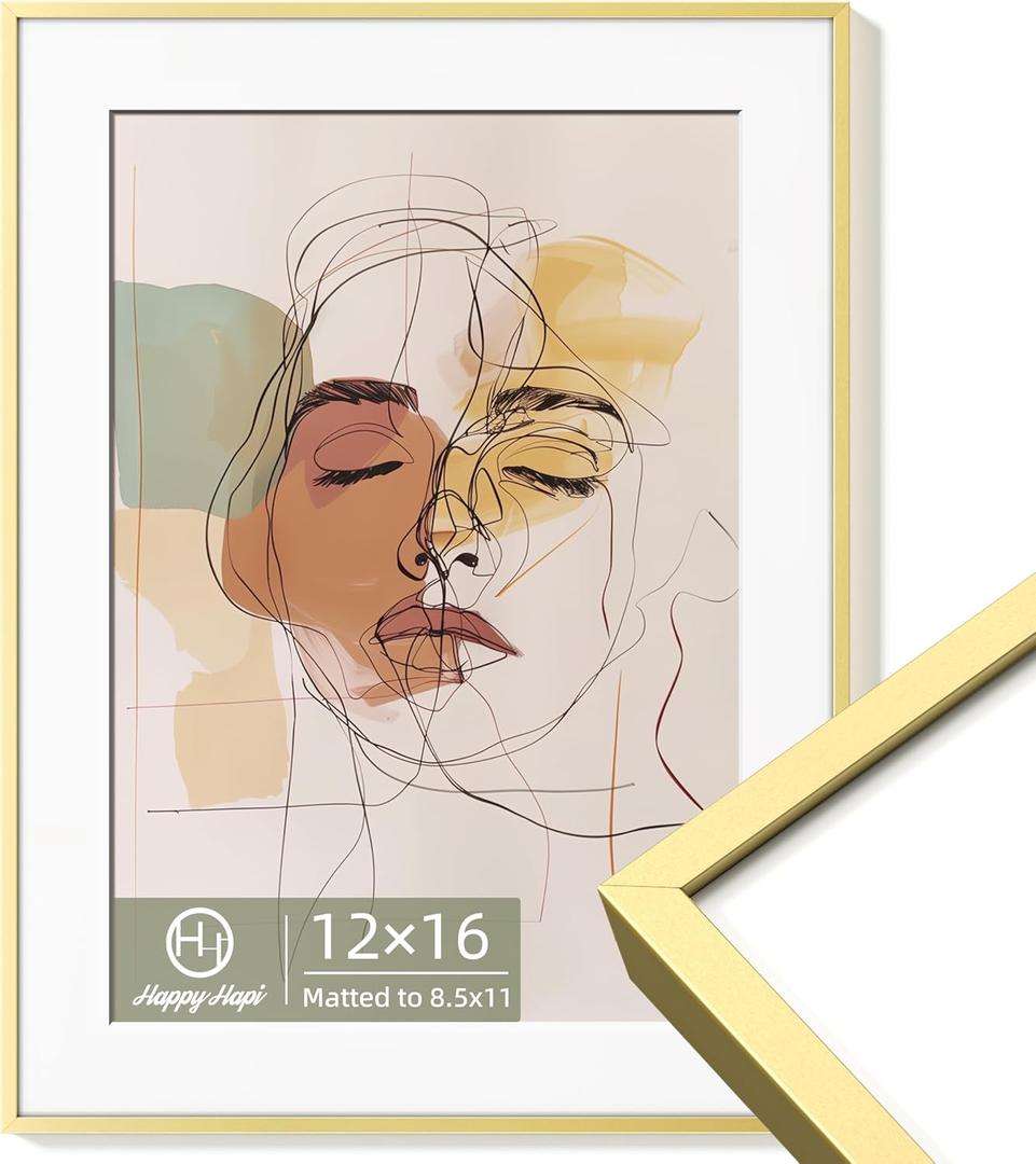 HappyHapi 12x16 Gold Picture Frame - Aluminum Frame Fits 8.5x11 with Mat or 12x16 Without Mat, Rustproof Gold Decor - 1 Pack