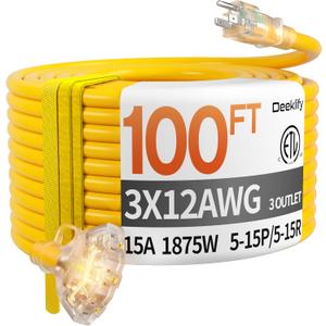 100ft 12 Gauge Heavy Duty 3 Outlet Extension Cord Splitter with Indicator, Waterproof Outdoor Extension Cord with Multiple Outlets, 15A 1875W for Garden, ETL Listed, Flexible Yellow SJTW