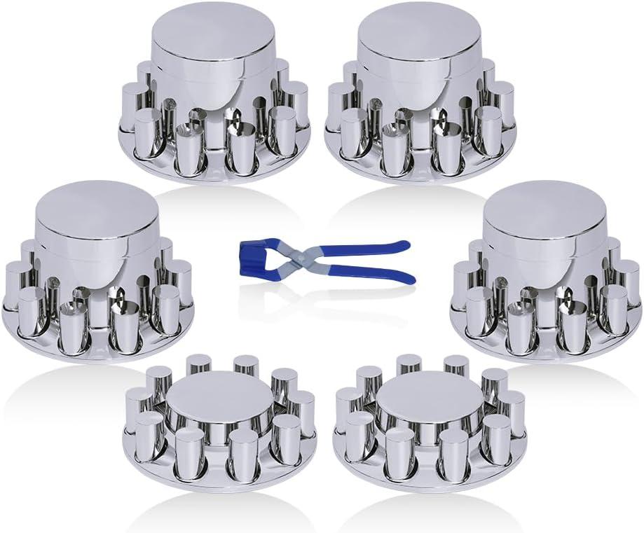 33mm Chrome ABS Flat Top Hub Cover Kit Axle Cover with 33mm Thread-on Lug Nut Covers 2 Front and 4 Rear Axle Wheel Covers and Removable Center Caps for Semi Trucks, Trailer, 1.3 inches