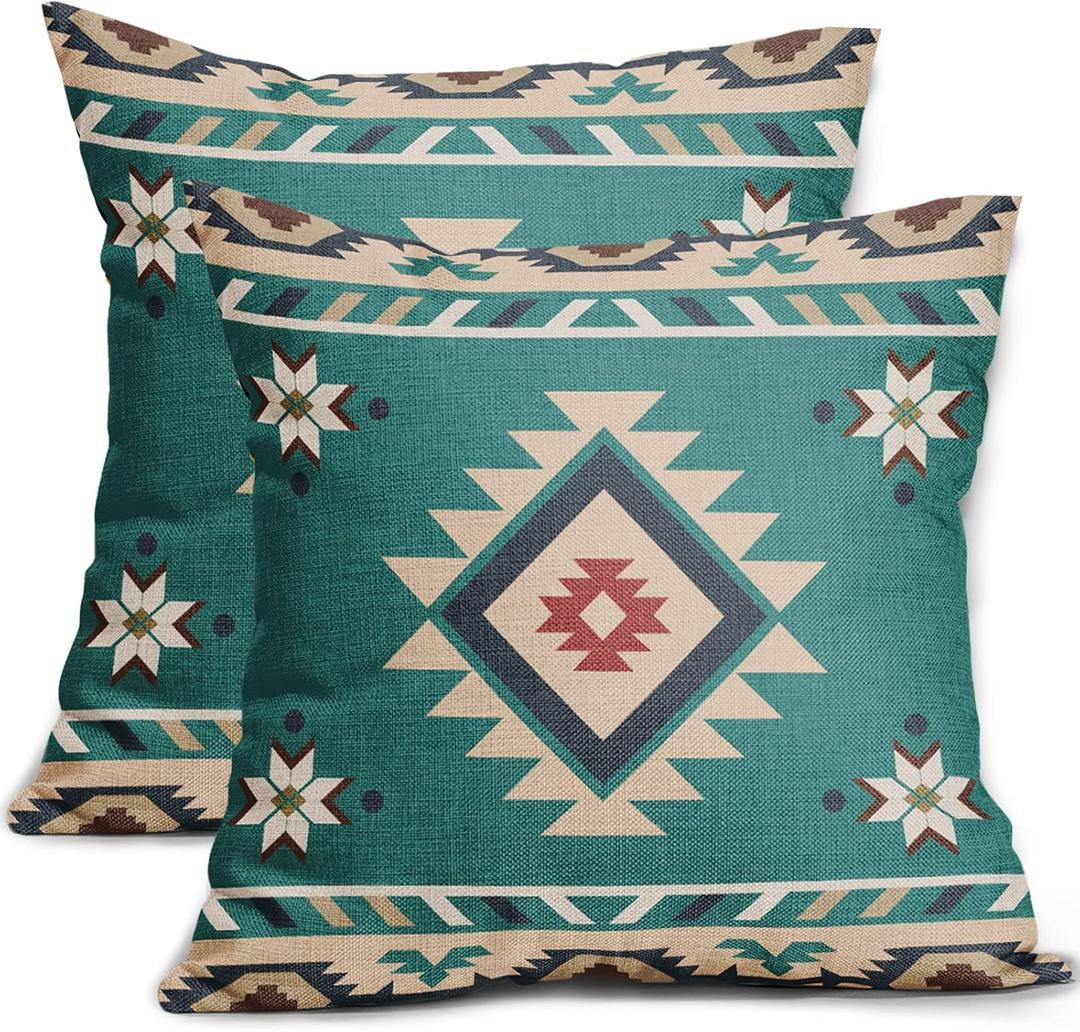 Sweetshow Western Native American Throw Pillow Covers 18X18 Inch Turquoise Blue Aztec Southwest Decorative Pillow Cases for Couch Set of 2 Linen Cushion Cover for Couch Sofa Patio Bedroom Livingroom