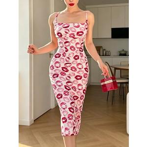 Women's Slim fit Hip Hugging Dress, Long, with a Suspender Collar Print Design, Multiple Colors, Summer Versatile. (009) (Medium)