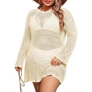 Beautife Womens Plus Size Swimsuit Cover Up Crochet Long Sleeve Mesh Knit Crew Neck Beach Coverup Dress, S