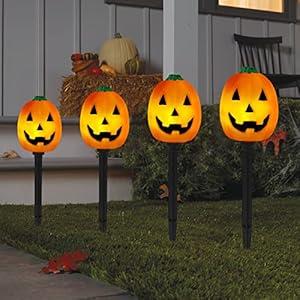 Set of 4 Halloween Solar Pathway Markers Lights, 14.2 Inch High Plastic Jack-O-Lantern Shaped Pumpkin Lawn Garden Stakes Clear Lights for Trick or Treat Party Outdoor Waterproof Halloween D¨¦cor