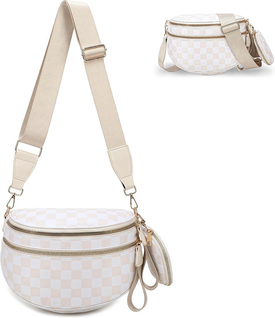 Checkered Crossbody Bum Bags for Women, Nylon Sling Bags with Shoulder Strap, Large Capacity Checkered Purse Bag