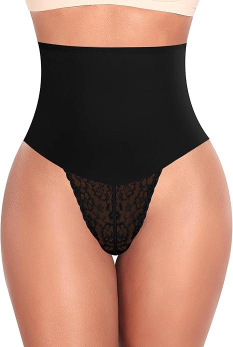 Werena Tummy Control Thong Shapewear for Women Mid High Waisted Body Shaper Underwear Lace Shaping Thong Girdle Panties (Small, Beige)